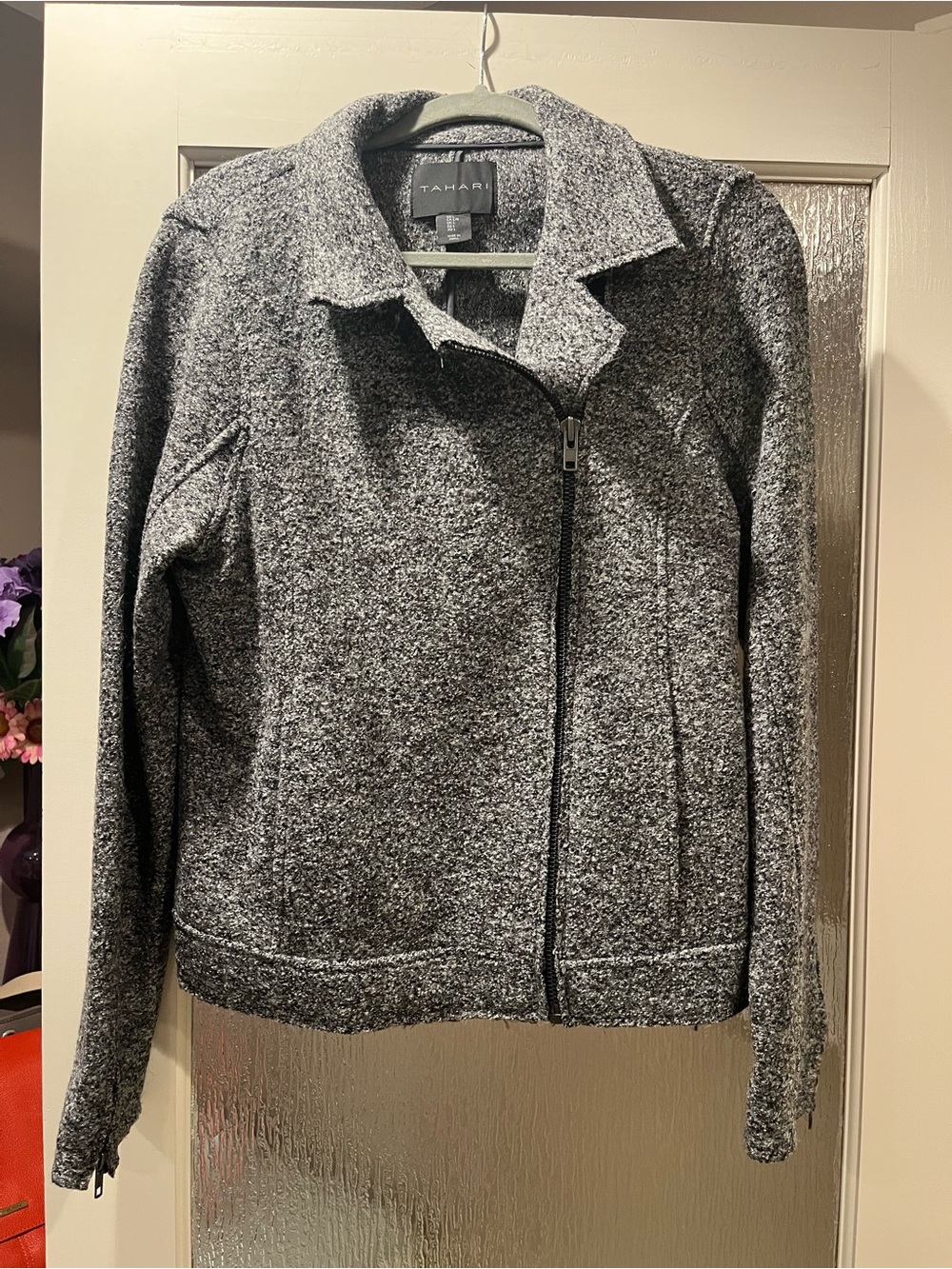 Tahari Women's Black and Gray Zip-Front Moto Wool Blend Jacket